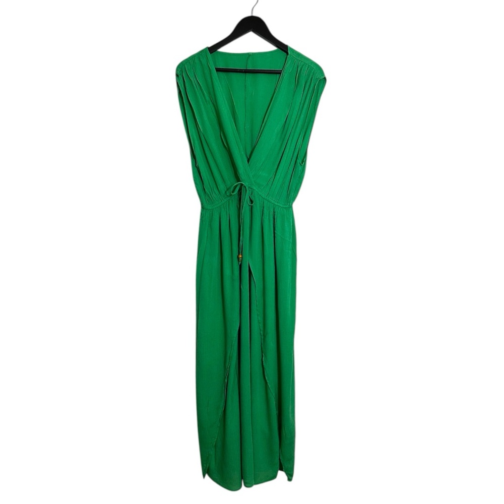 Boutique Green Dress Deep V Tie Waist Flowy One Size Swim Coverup Resortwear